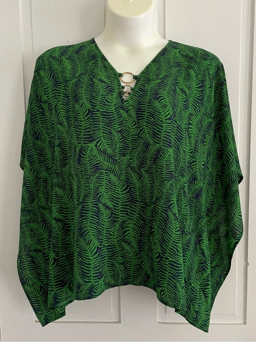 Michael Kors Green Fern-Print V-Neck Top with Ring Detail